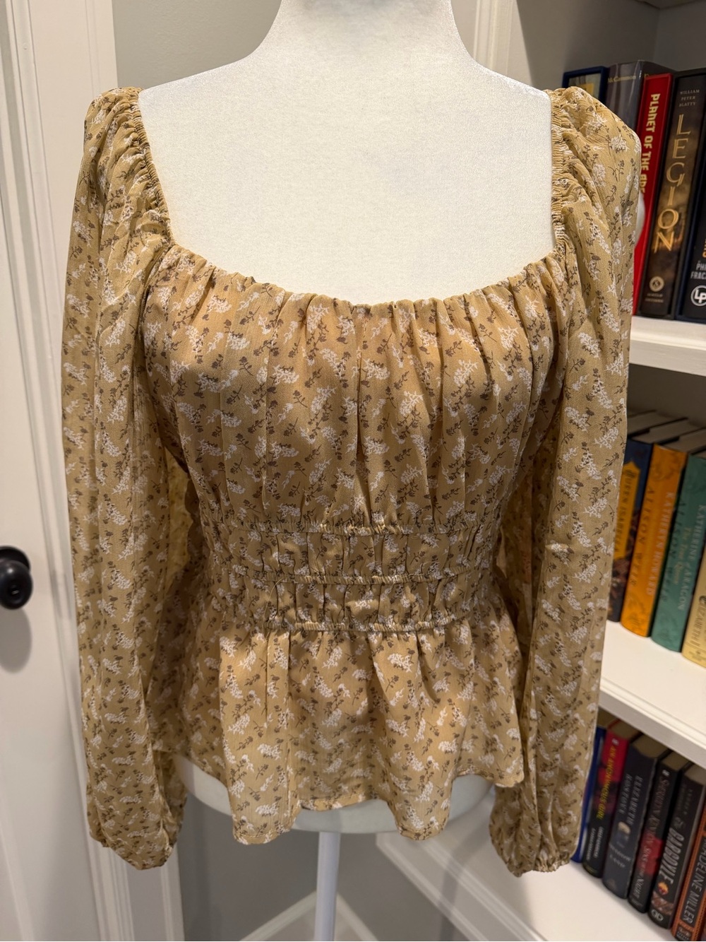 Poema Mustard Floral Smocked Peplum Long-Sleeve Top